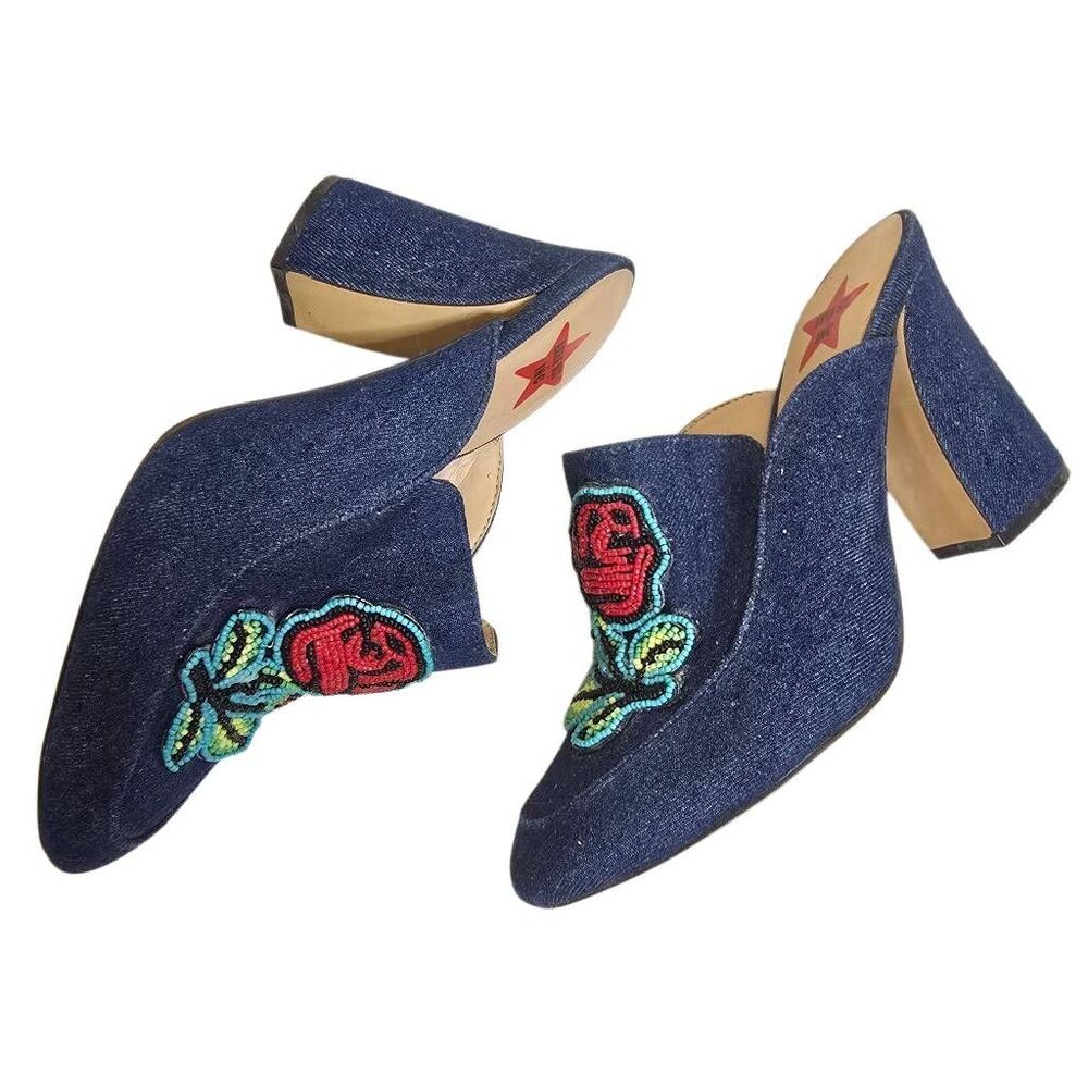 Anna Sui x INC Maddiee Beaded Denim Mules Round Toe Cone Heels 7.5